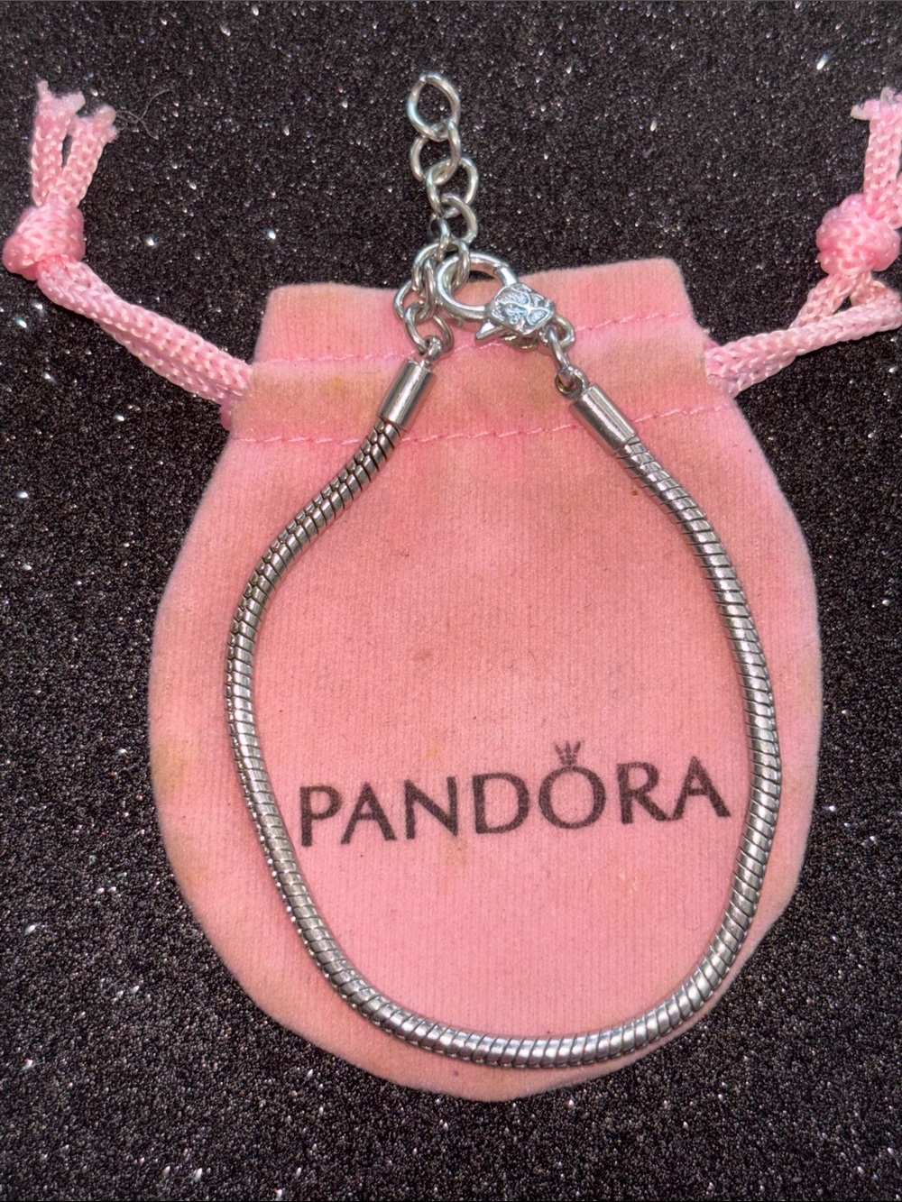 Sterling Silver Snake Chain Bracelet - Pandora Pink Pouch - Picture 1 of 5